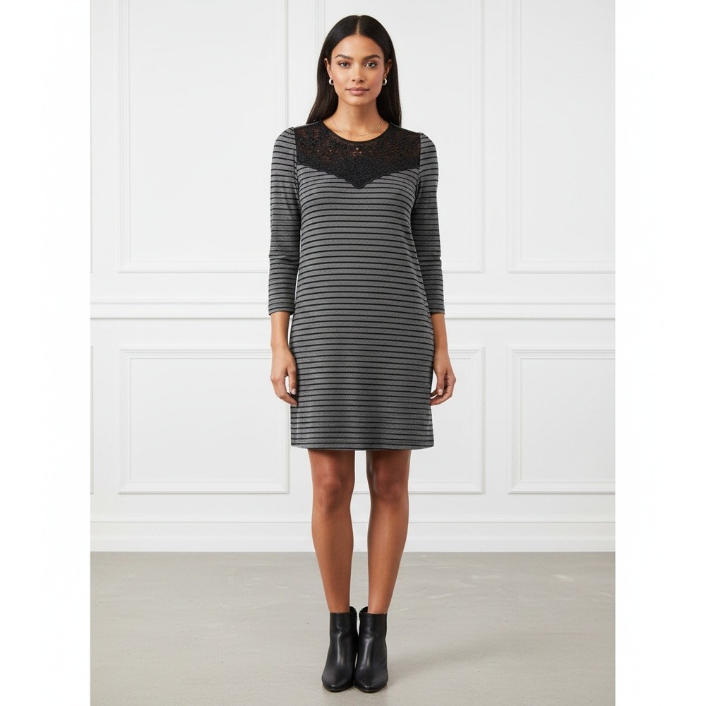 Loft XS Gray Black Striped Lace‎ Crochet Knit Swing Dress Goth Punk Womens Boho
